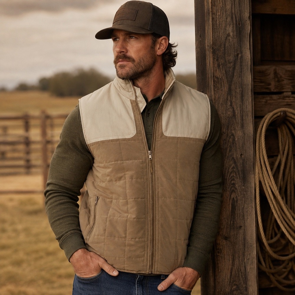 Nomad Josiah Tan Cream Colorblock Padded Quilted Vest Mens Medium Outdoor Rugged